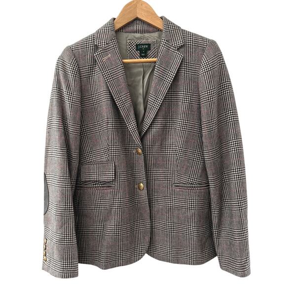 J. Crew Plaid Houndstooth Elbow Patch Wool Blazer Brown & Cream Size 6 - Picture 3 of 12